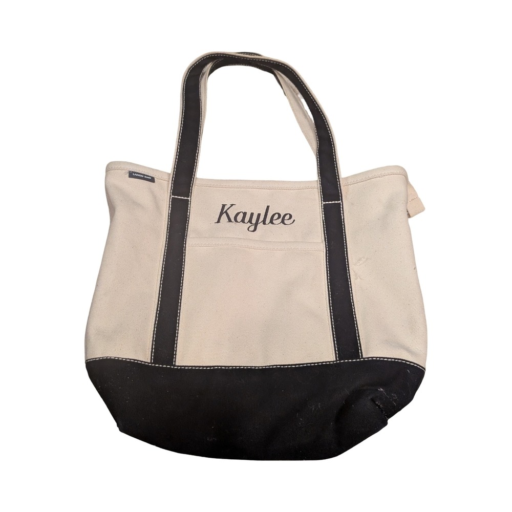 Lands End Canvas Tote Bag Black Cream Kaylee Personalized Monogrammed Small Med - Picture 1 of 4